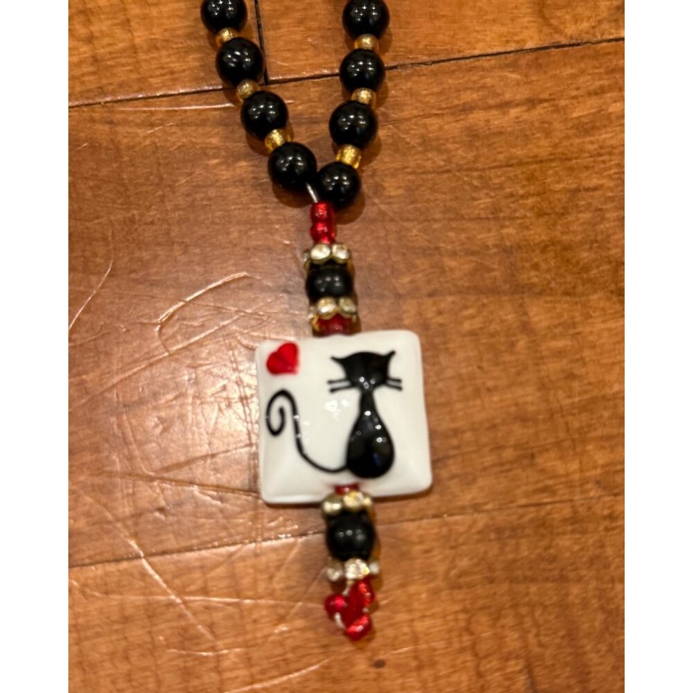 Cat-Themed Glass Beaded Necklace With Whimsical Charm 17"